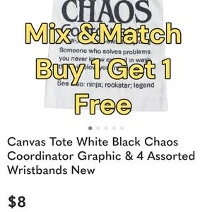 Canvas Tote White Black Chaos Coordinator Graphic & 4 Assorted Wristbands New